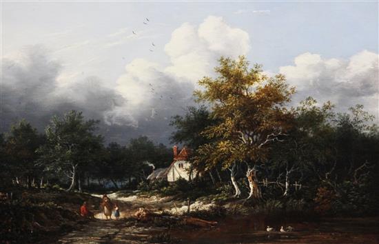 Edward Williams (1782-1855) Travellers passing a cottage in a wooded landscape 11.5 x 16.25in.